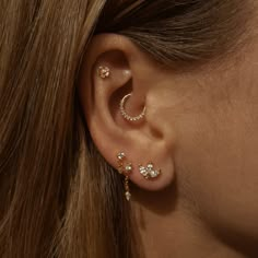 a close up of a person with ear piercings on their left and right sides