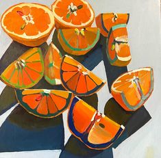 an oil painting of oranges cut in half and placed on top of each other