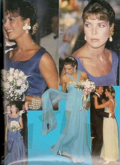 an old photo of two women in formal dress and one is holding a flower bouquet