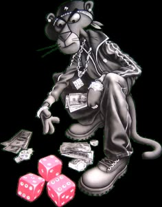 a drawing of a cat playing with some dices and money in front of it