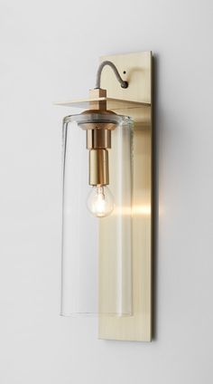 a light that is on the wall with a glass shade and metal rod attached to it