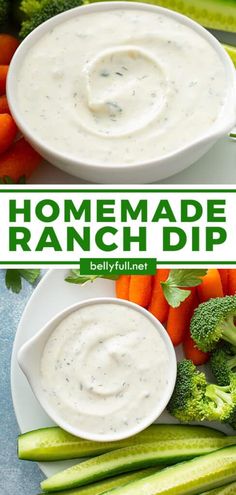 two pictures with broccoli, carrots and ranch dip