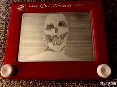 a red frame with a drawing of a man's face on it