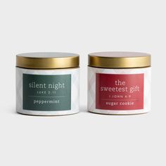 two tins with labels on them that say, the sweetest gift and peppermint sugar cookie