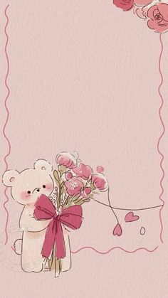 a teddy bear holding a bunch of flowers on top of a pink background with an empty frame