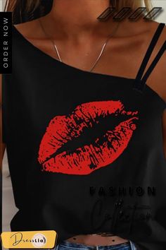 Stylish Lip Printed One Shoulder T-shirt (2 Colors) P15665 Casual Summer Party Tops, Black Graphic Tank Top For Summer, Summer Party Tank Top With Crew Neck, Sleeveless Graphic Print Top For Party, Black Summer Party T-shirt, Casual Letter Print T-shirt For Party, Summer Party Casual T-shirt, Party Graphic Print Crew Neck Top, Red Casual T-shirt For Party