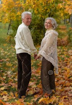 an older couple holding hands in the leaves stock photo - image 349784