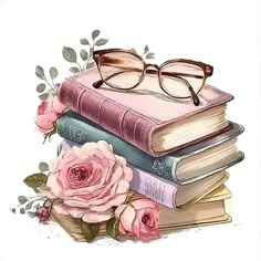 a stack of books with glasses sitting on top of each other next to pink roses