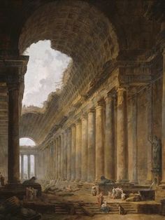 an old painting with columns and people in it