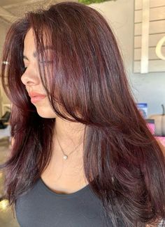 Cherry Highlights On Brown Hair, Cherry Cola Curly Hair, Brown Girl Red Hair, Cherry Cola Brown Hair, Cherry Cola Hair Color Brunettes, Balayage Red Brown, Cherry Brown Highlights, Violet Brunette, Cherry Red Brown Hair