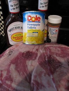 the ingredients for this dish are laid out on top of the meat in front of the stove