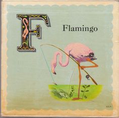 a pink flamingo is fishing in the water with its long legs and feet on a postcard