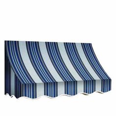 a blue and white striped awning on a white background with the top partially closed