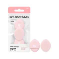 The Real Techniques Mini Miracle Powder Puff Trio brings you 3 mini-sized puffs designed with our best-selling powder sponge material for targeted setting and baking. These extra small makeup puffs slip onto your finger and are held in place with the control band for easy, precise application. Apply powder products under the eyes, around the nose, or anywhere you get oily for seamless setting or baking. Our best-selling powder sponge material is made with velvet fibers that pick up and apply pow Kotex Tampons, Real Techniques Sponge, Target Makeup, Powder Sponge, Target Beauty, Sephora Skin Care, Ethereal Makeup, Mini Makeup, Real Techniques