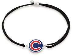 the chicago cubs bracelet is shown on a black cord