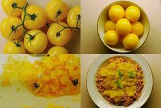 four different types of food are shown in three separate pictures, one is yellow and the other has red