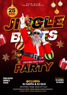 christmas party flyer with santa clause and presents