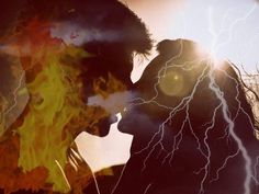 two people kissing each other in front of a fire and lightning background with the sun behind them