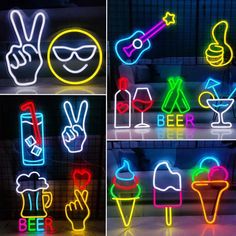 various neon signs are displayed on the wall