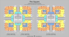 the square floor plan with three different sections and four separate areas for each individual to use