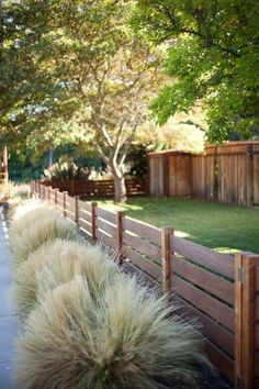 the grass is growing on the side of the wooden fence near the sidewalk and trees