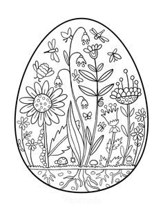 an easter egg with flowers and butterflies in the center, coloring pages for adults to print