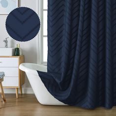 PRICES MAY VARY. Navy Blue Shower Curtain Set: Each pack contains 1 piece, measuring 72" wide and 72" long. It features 12 stainless metal button holes for added durability and comes with 12 C-Type hooks for easy hanging. Additionally, this shower curtain offers light filtering privacy, ensuring that it is not see-through while still allowing some natural light to pass through. Shower liner is recommended. Chevron Striped Shower Curtain: This Boho-inspired shower curtain boasts a chic, tufted ch Navy Blue And Gold Bathroom Shower Curtains, Drapes Fashion, Navy Blue Shower Curtain, Minimalist Hotel, Navy Bathroom Decor, Shower Curtain Modern, Navy Bathroom, Blue Shower Curtain, Curtain Modern