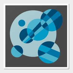 an abstract blue and grey painting with circles on it's sides, against a black background