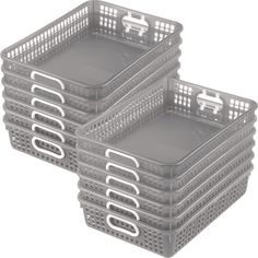 three plastic baskets with handles on each side