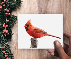 a red bird sitting on top of a piece of paper next to a christmas tree