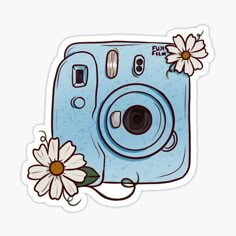 a blue camera with a flower on the side sticker