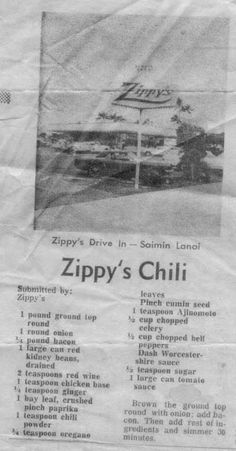 a newspaper clipping with the words zippy's drive - in, schrim lane and zippy's chili