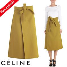 CELINE（セリーヌ）・テクニカルウールラップスカート,Chartreuse CELINE（セリーヌ）2016-17AW秋冬最新作☆ VIPセール♪ こちらは、イエローカラーのテクニカルウール素材ラップスカートのご紹介です♡ 上質のウールとラミー（麻）をブレンドした、オリジナルのテクニカルウール素材の ミモレ丈のラップスカート。 フランスのハーブリキュール「Chartreuse（シャルトルーズ）」をイメージして色付けされた 落ち着いたイエローのお色味がエレガントな印象です。 お素材は、ウールの暖かみのある質感に、光沢感があり繊細な表情を浮かべるラミー（麻）素材をブレンドした、 オリジナルなテクニカルウール素材。 ハリがあり高級感を味わえる、しっかりとした生地です。 膝が隠れるミモレ丈は、大人の女性マストハブ。 きちんと感の必要な行事ごとだけでなく、普段の装いにもにも合わせやすい、 洗練シックな女性のための一枚です☆ 特別価格でのご提供です！ 数量限定の為、気になる方はどうぞお早めにお問い合わせ下さい(^^) ・テクニカルウール（ウール・ラミーブレンド） ・ミディ... Celine 2016, Parisian Chic Outfits, Paris Outfit Ideas, Circle Skirt Pattern, Midi Circle Skirt, Parisian Women, Pretty Skirts, Paris Outfits, Midi Skirts