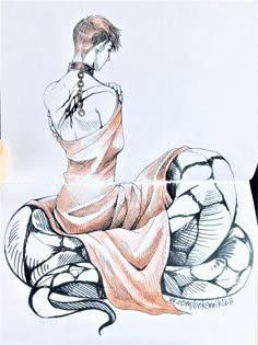 a drawing of a woman sitting on top of a ball