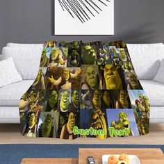 there is a couch in the living room with pictures on it and an image of shraps