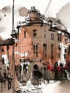 an abstract painting of a building in the city