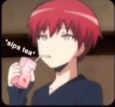 an anime character with red hair drinking from a cup and holding a straw in his hand