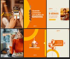 an orange and white collage with images of people using their cell phones while eating food