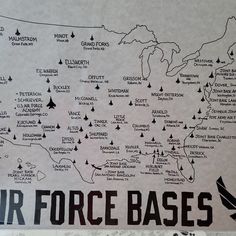 a map of air force bases is shown on a piece of paper with black ink