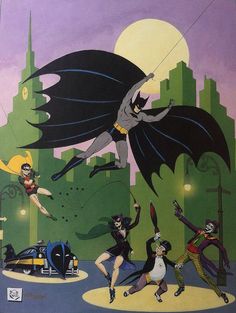 a painting of batman and his friends in the city