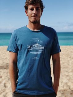 Men's Night Surf tee by The Shallow Reef Studio with an original hand drawn design. Hand printed on a super soft organic cotton tee on the North Shore of Oahu, Hawaii with non-toxic, water based ink. Dyed by hand with natural indigo dye. PRODUCT DETAILS 100% Organic Pima Cotton Alternative Apparel tee Indigo dyed by hand- may have slight color variations Socially responsible manufacturing Super soft, high quality and comfortable Designed, dyed, and printed by Moona Whyte note: this item is made Cotton Surfing T-shirt With Screen Print, Cotton Screen Print T-shirt For Surfing, Cotton T-shirt With Screen Print For Surfing, Blue Surfing Tops With Screen Print, Surfing Graphic Tee With Screen Print, Blue Relaxed Fit Surfing T-shirt, Graphic Surfing T-shirt With Screen Print, Graphic Tee With Screen Print For Surfing, Graphic Tee Soft-washed T-shirt For Surfing