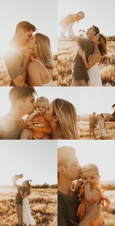 a couple and their baby are kissing in the middle of an open field with sun shining on them