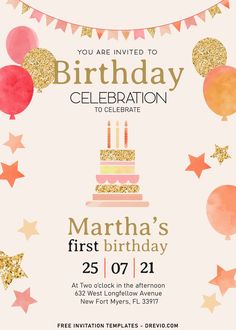 a birthday party flyer with balloons, stars and confetti on the top of it