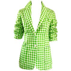 Make a statement in this chic never worn 1970s LARRY LEVINE cotton blazer jacket! Features lime green and white gingham print. Wonderful fitted tailored cut looks fantastic on! Two white buttons up the front, and two pockets at each side of the waist. Back center vent. Fully lined. Can easily be dressed up or down. Great with a tank and jean shorts, yet effortlessly chic with white pants. In great unworn condition. Made in USA Approximately Size Medium Measurements: 36 inch bust 30 inch waist 28 Green Satin Top, Lime Girl, 70s Blazer, Satin Outfit, White Summer Outfits, Big Dill, Gingham Jacket, Fitted Blazer Jacket, Verde Lima