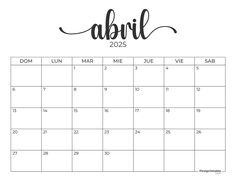 a calendar with the word, abril on it in black and white ink lettering