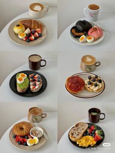 four different pictures of breakfast foods on plates and cups with coffee in the same photo