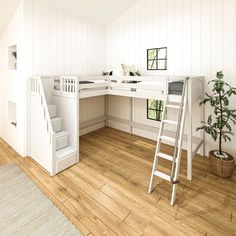 a white loft bed with stairs leading up to it and a plant in the corner