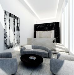 a living room filled with furniture and white walls