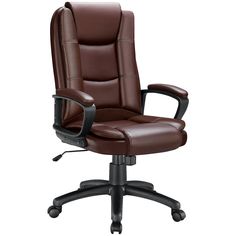 an office chair with brown leather upholstered on the back and armrests