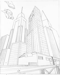 a black and white drawing of some very tall buildings in the city with planes flying overhead